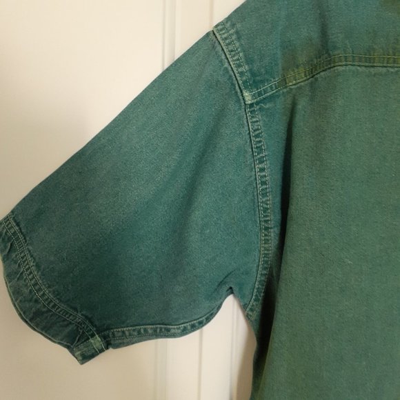 Vintage World Island Denim Button Up Short Sleeve Shirt with Green Dye Size L - Picture 11 of 15